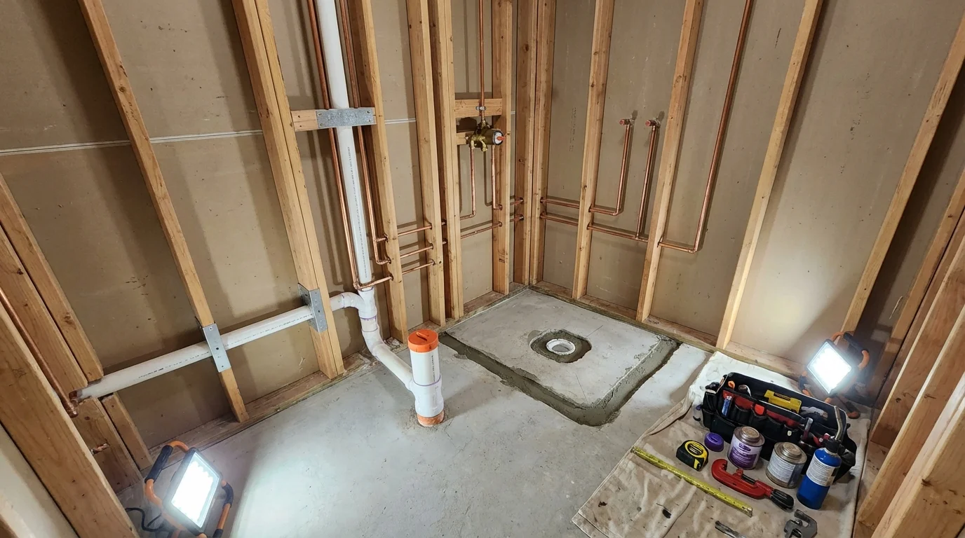 Bathroom rough-in plumbing during remodel by Johns Plumbing LLC in Portsmouth
