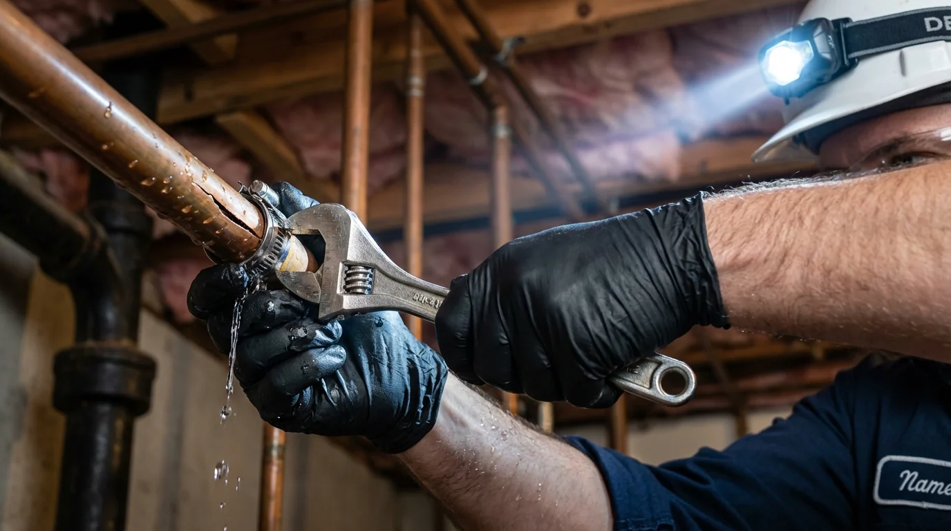 Emergency pipe clamp repair being performed by a Johns Plumbing LLC plumber in Portsmouth