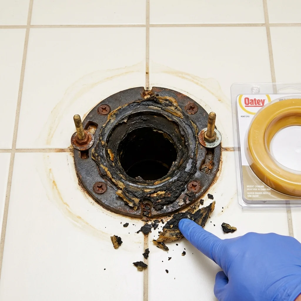 Failed wax ring showing water seepage at the base of a toilet in a Portsmouth, OH home