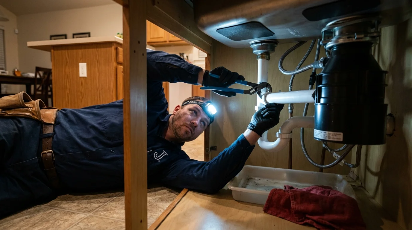 P-trap and supply line connections under a kitchen sink showing a common leak point in Portsmouth, OH